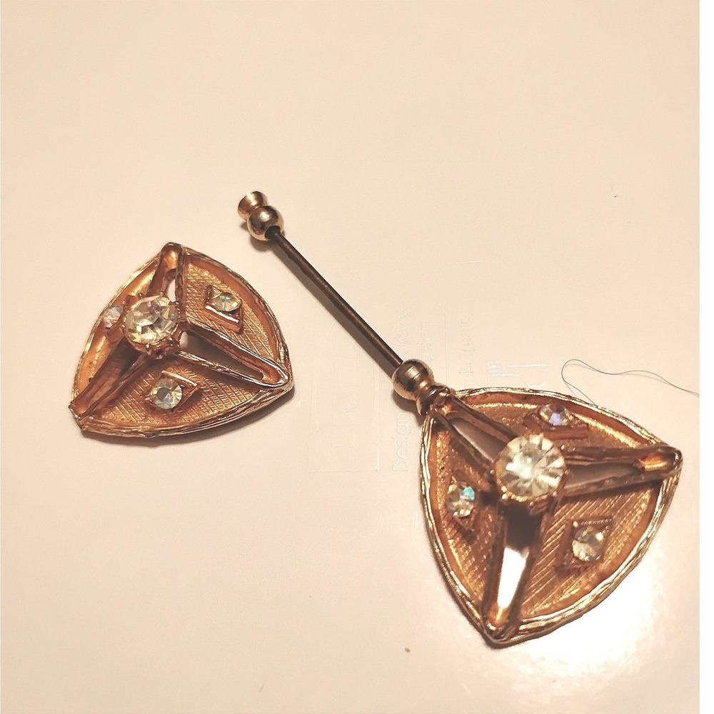 💖Vintage Art Deco Gold Triangle Jabot Pin Rhinestone Hatpin Set fairy Preppy